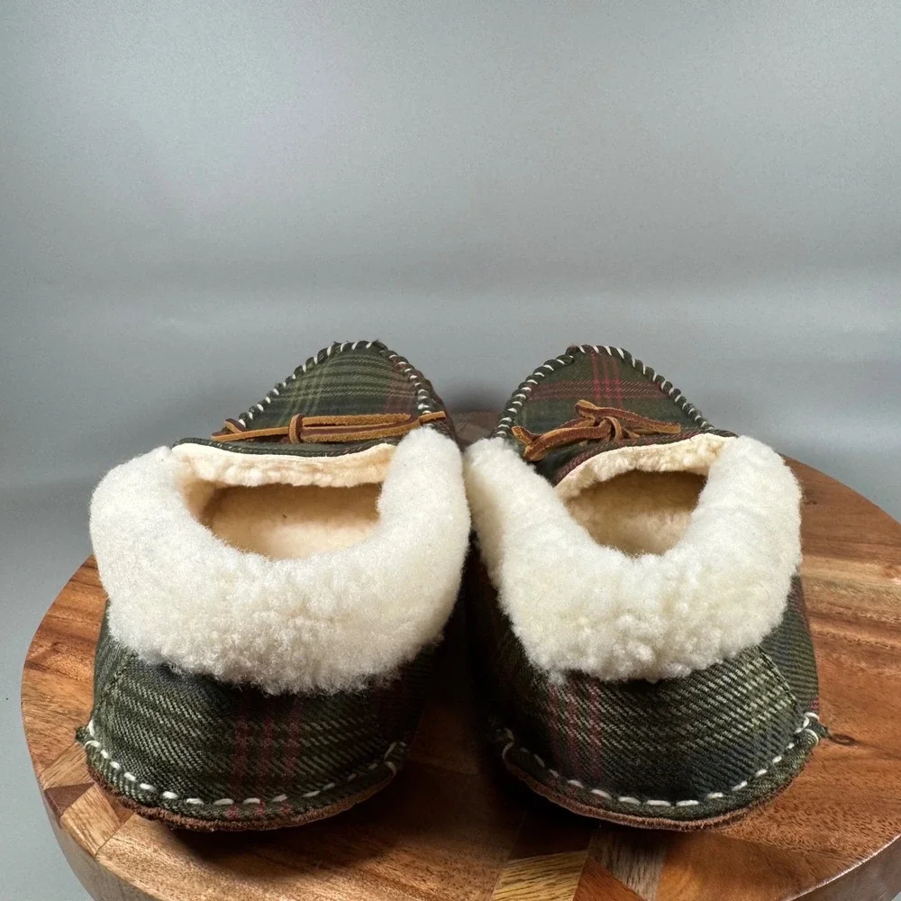 Polo Ralph Lauren Yarmond Green Plaid Shearling Lined Leather Sole Slippers 10